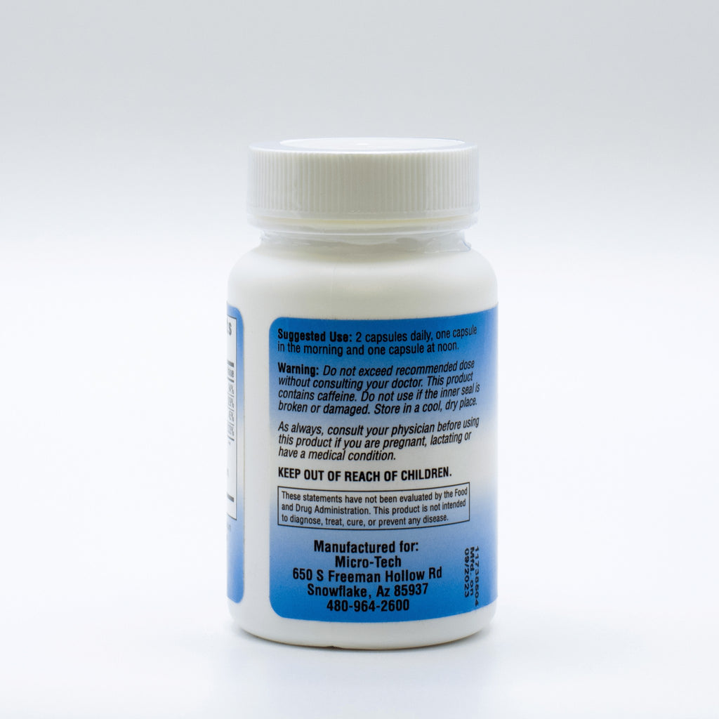Close up of Energy supplement bottle label with ingredient and usage details