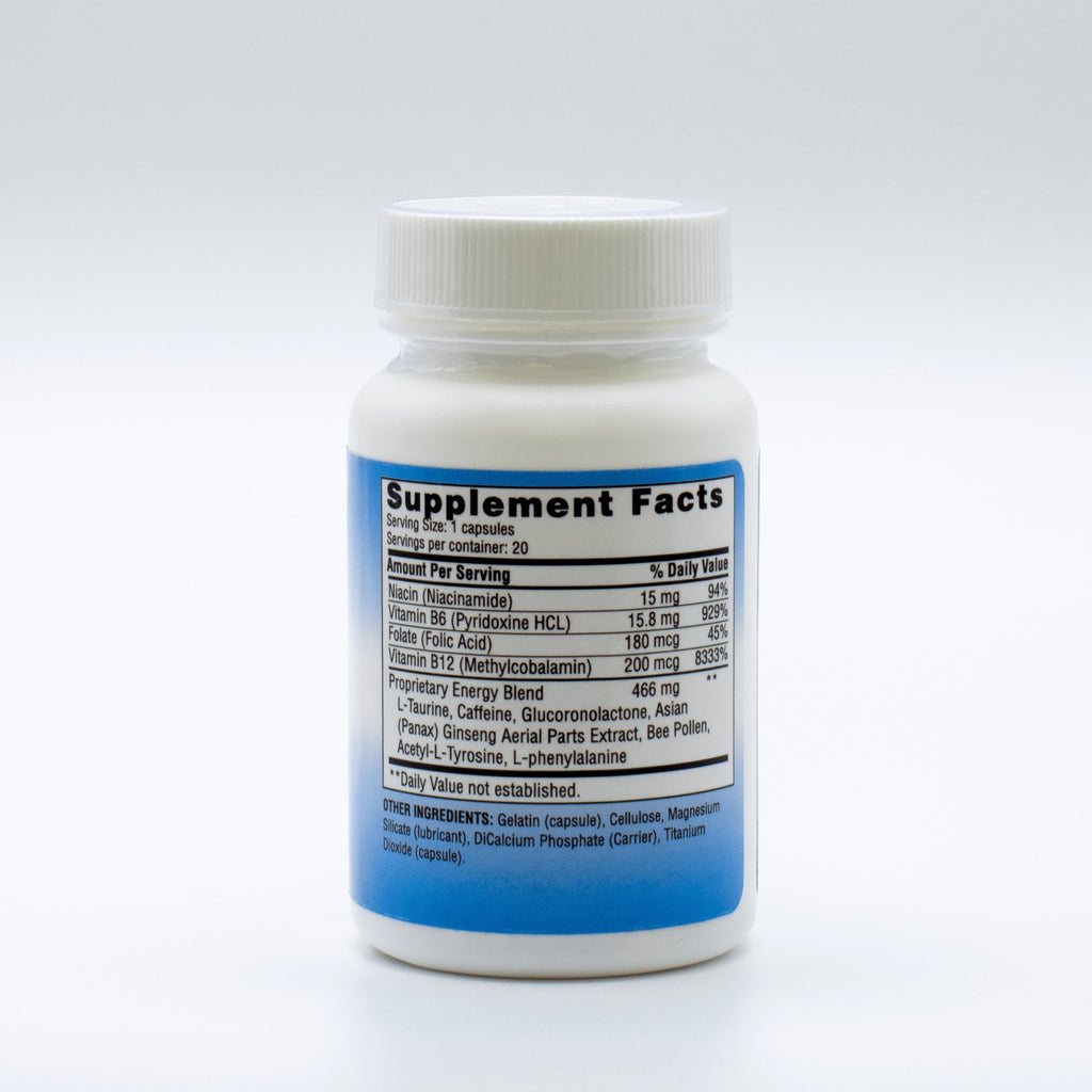 Energy supplement facts showing B vitamins amino acids and caffeine