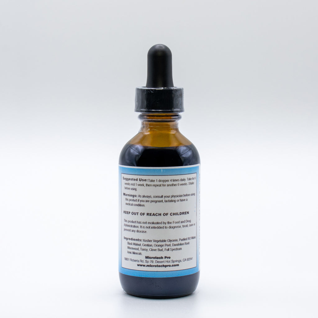 Para Gone herbal parasite support liquid supplement back label with ingredients and directions
